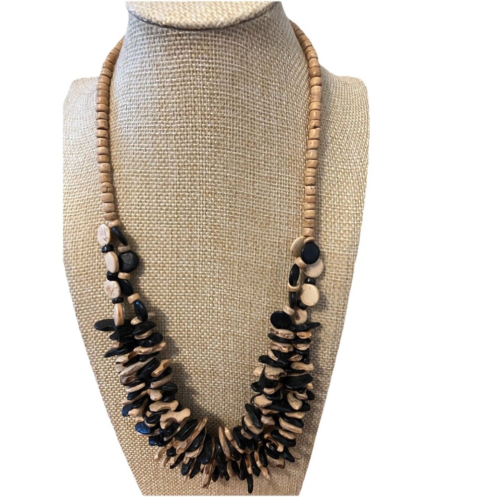 Chunky Wood Bead Statement Necklace Tribal Cluster Bib Natural Black Tan Boho